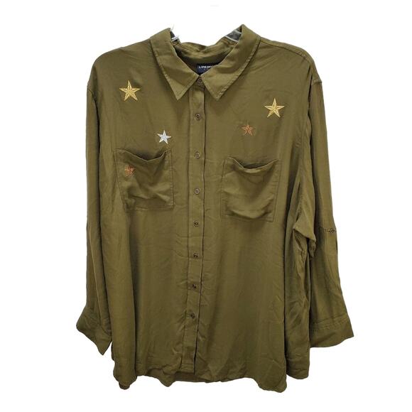 Lane Bryant Shirt Womens 28 Button Front Collared Stars Green Long Sleeve Pocket - Picture 1 of 13